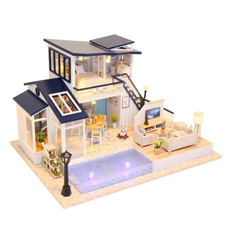 Creative Blue Home DIY Puzzle Assemble Doll House Miniature Wooden House with Furnitures Toys for Children Birthday Gifts Craft