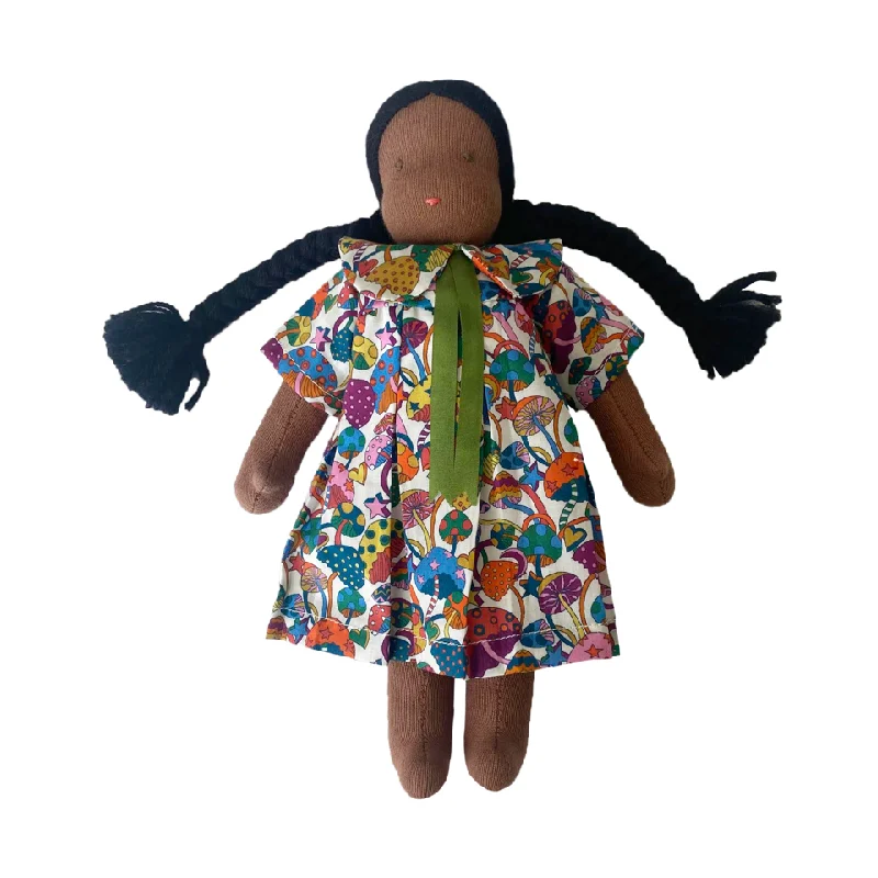 9" Waldorf Doll in Liberty Multicolored Mushroom Dress · Black