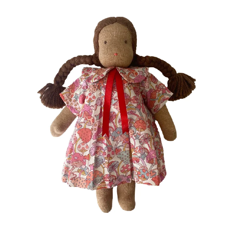 9" Waldorf Doll in Pink Liberty Mushroom Dress · Brown