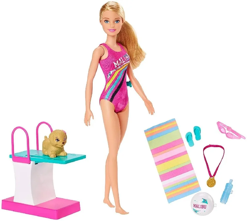 Barbie Dreamhouse Adventures Swim 'n Dive Doll, 11.5-inch in Swimwear, with Diving Board and Puppy