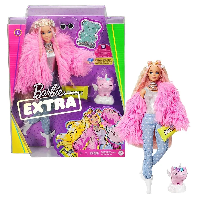 Barbie Extra Doll #3 in Pink Coat with Pet Unicorn-Pig