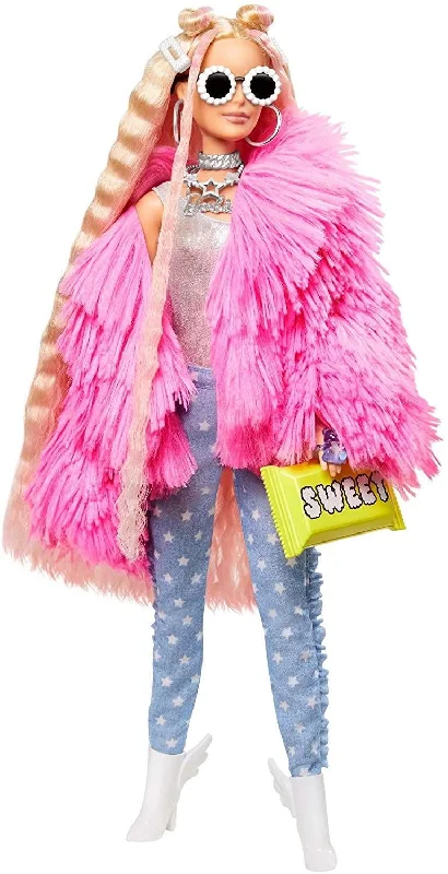 Barbie Extra Doll #3 in Pink Fluffy Coat With Pet Unicorn-Pig