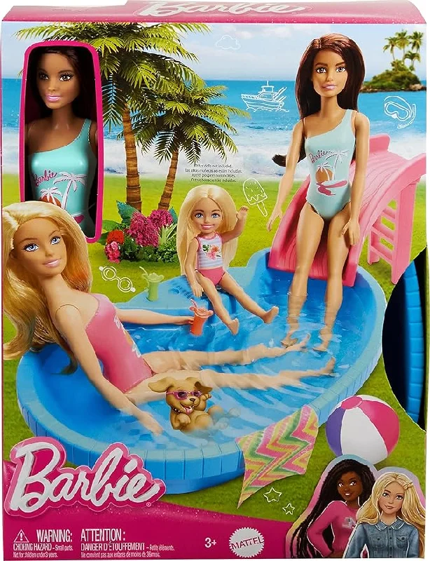 Barbie Doll & Pool Playset, Brunette in Seafoam Blue One-Piece Swimsuit with Pool, Slide, Towel & Drink Accessories