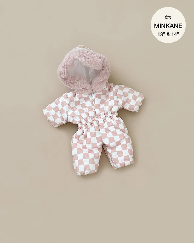 Minikane Doll Clothing | Gigi Pink and White Checkered Ski Suit and “Mitten” Pin