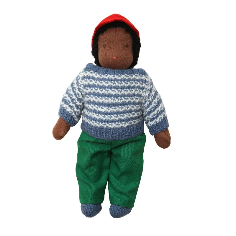 9" Waldorf Boy Doll in Blue Striped Striped Sweater  · Black